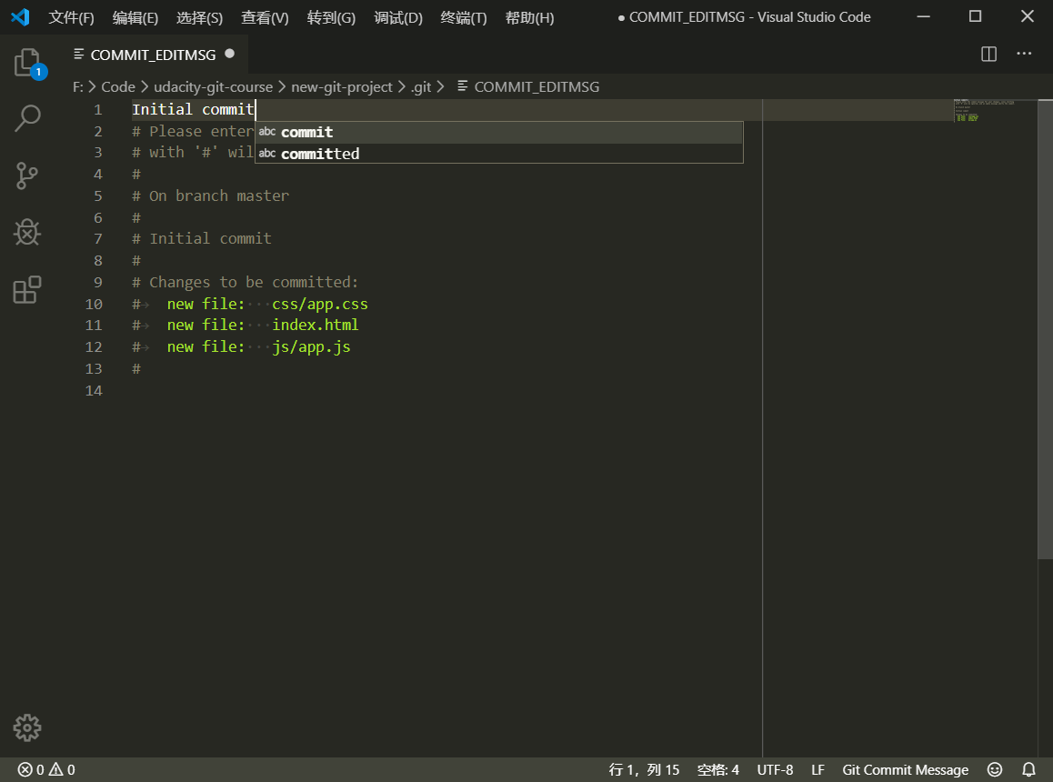 在代码编辑器 VS Code 中输入 commit 消息