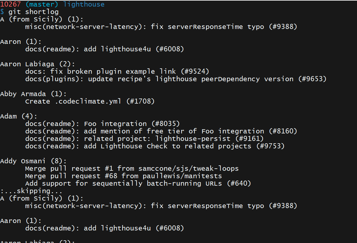 git shortlog 按开发者分组列出提交